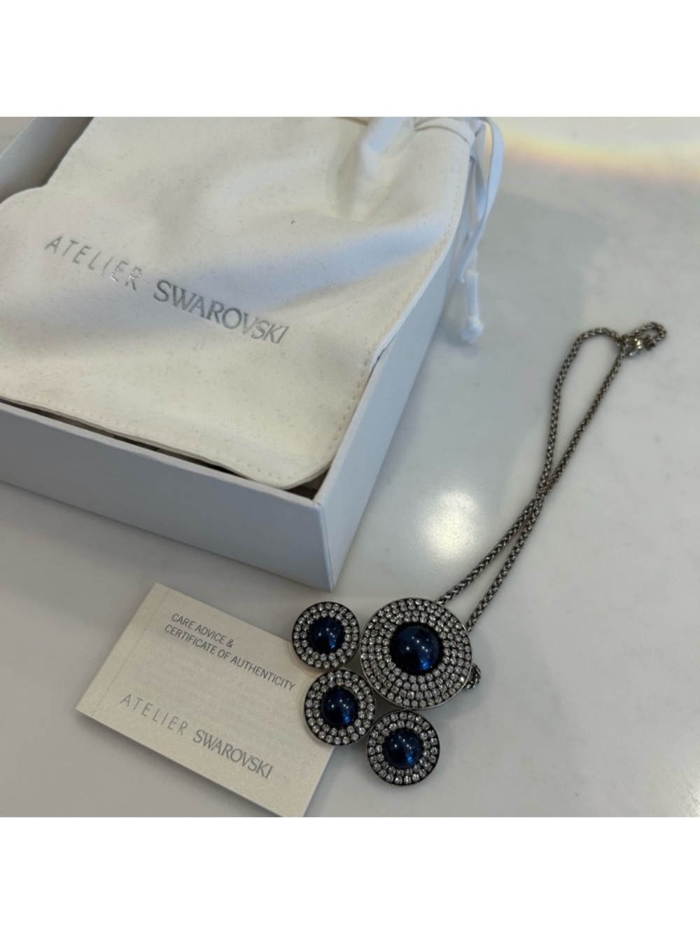 Atelier Swarovski Silver Necklace by Karl Lagerfeld w/Deep Blue Crystal Accents